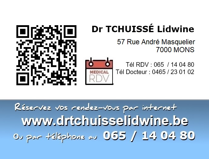 Carte de contact originale du Dr Tchuissé : réservation 065 14 04 80, médecin 0465 23 01 02, Rue André Masquelier 57 à Mons.